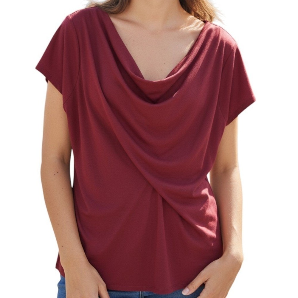 Stella Carakasi Women's Top Drape Neck Short Sleeve Blouse Maroon Large $189